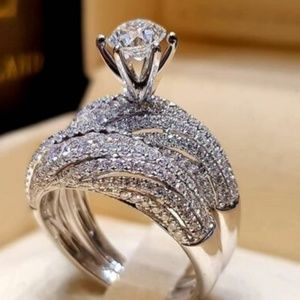 NIB White Topaz Wedding/Stacking Ring Set SP Sz 9